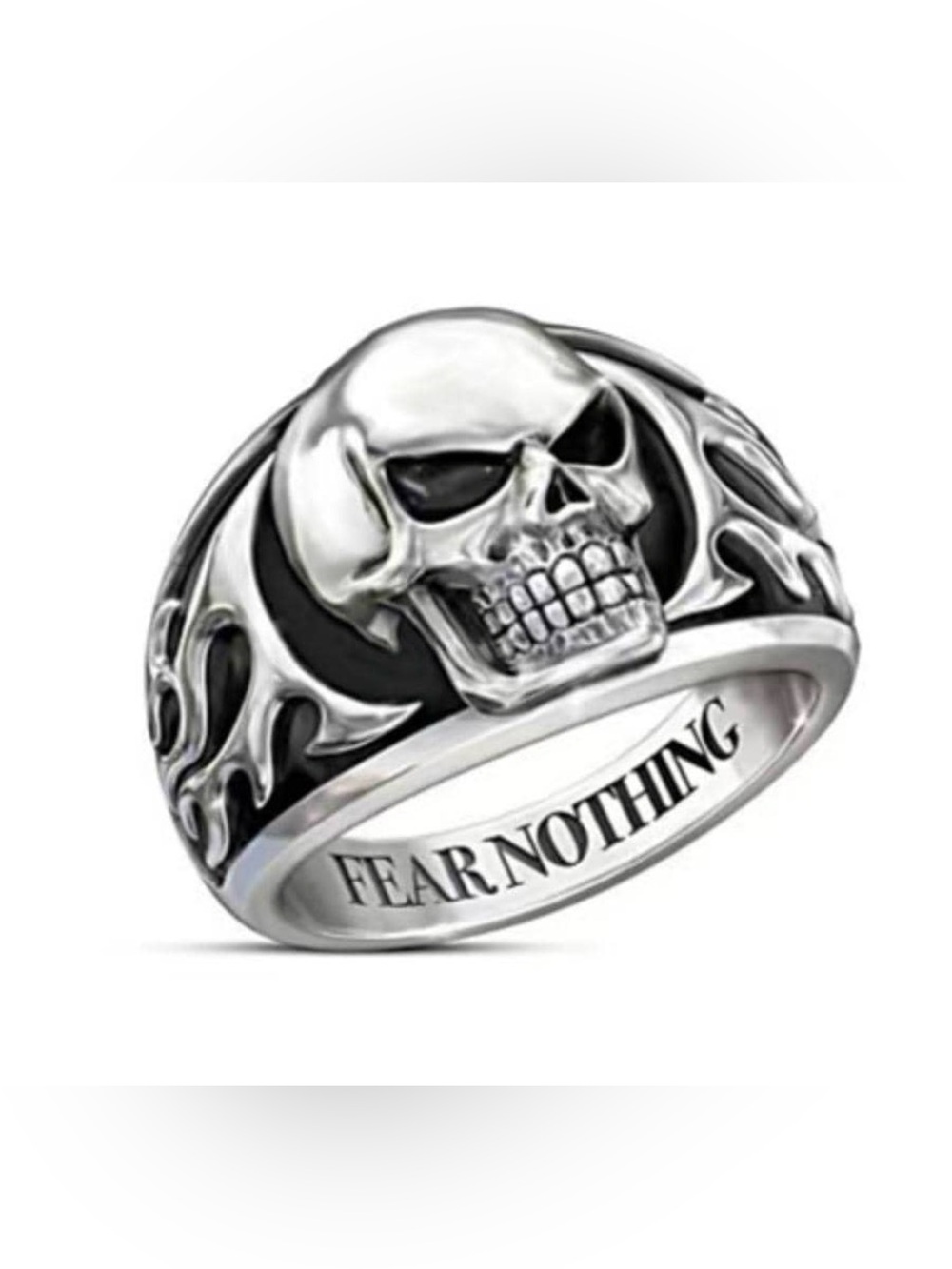 Men's Silver Skull Ring with Black Inlay — 'Fear Nothing' Engraving sz 11